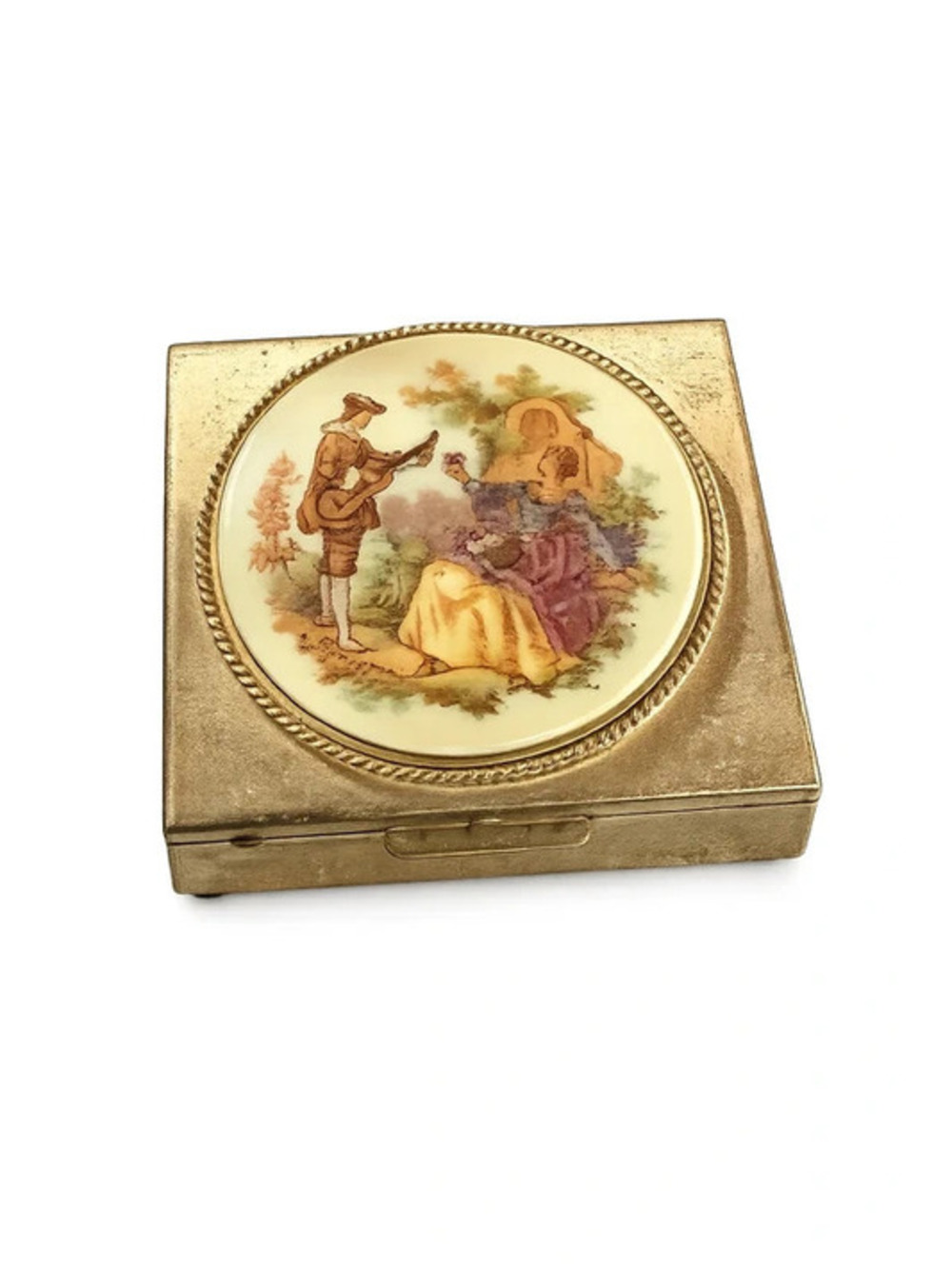 Vintage Brass Pill Box with Porcelain Romantic Scene & Mirror – 6 Compart